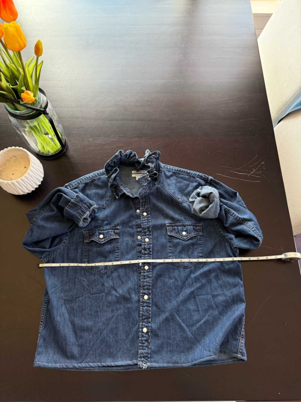 Upcycled one of a kind denim shirt with ruffle collar